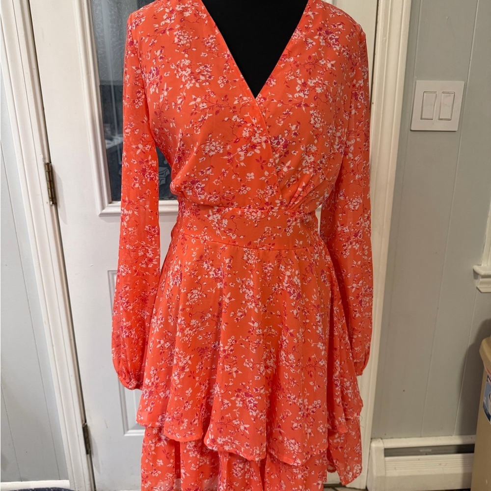Japna Vibrant Orange Floral Long Sleeve Dress